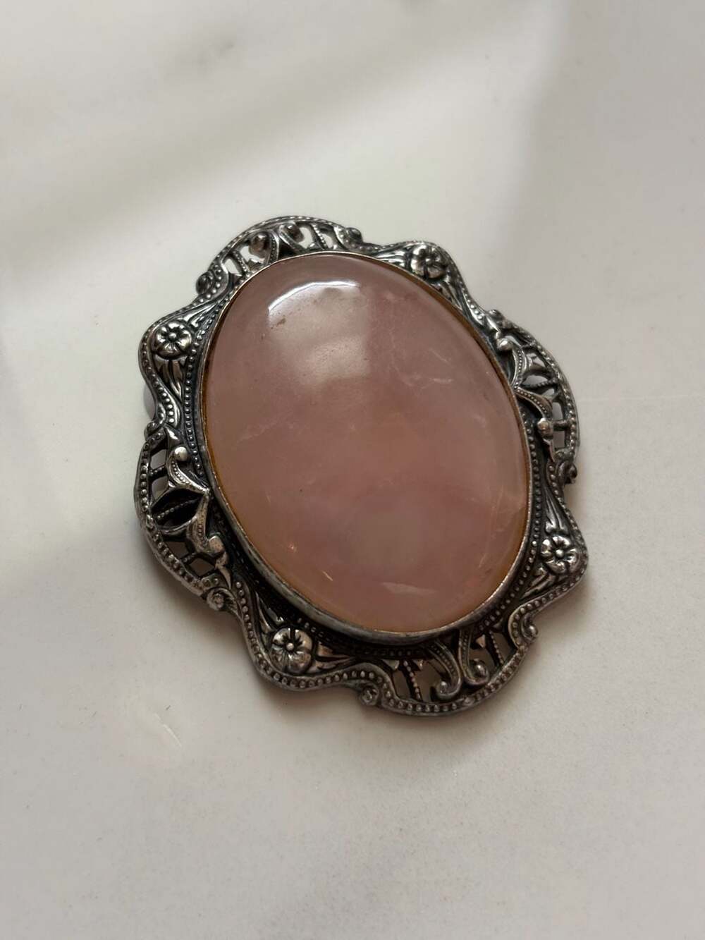 Vintage Art Deco Sterling Silver Ornate Framed Oval Rose Quartz Brooch Pin